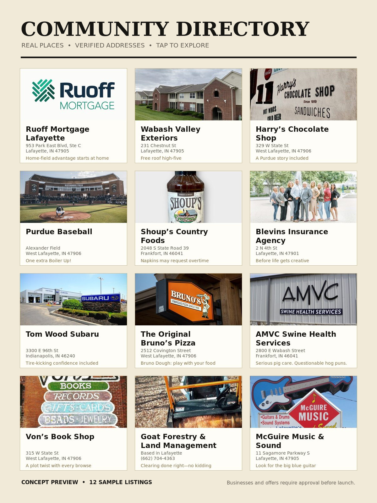 Preview of a Very Good Local community directory with twelve real Lafayette-area business photographs and verified addresses