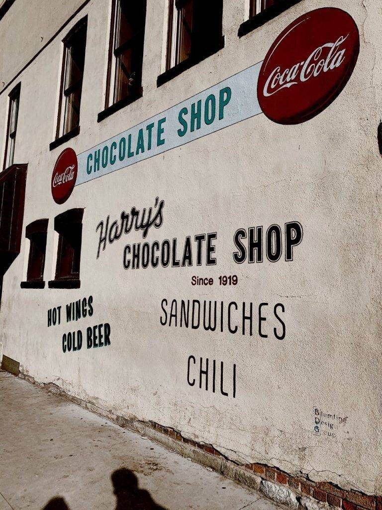 The historic Harry's Chocolate Shop exterior sign in West Lafayette