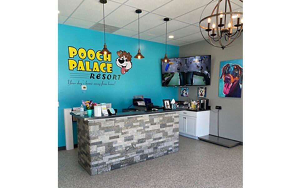 The branded lobby inside Pooch Palace Resort in West Lafayette