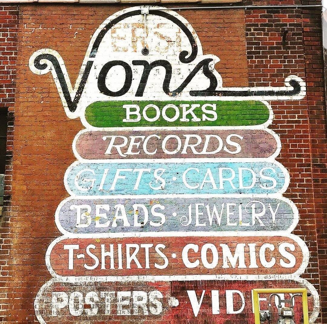 The colorful Von's Book Shop storefront sign in West Lafayette